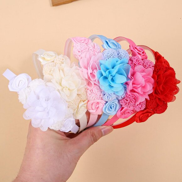 Girls Flower Headbands Set 6 Multicolor Floral Soft Fabric for Kids Parties - Picture 4 of 6